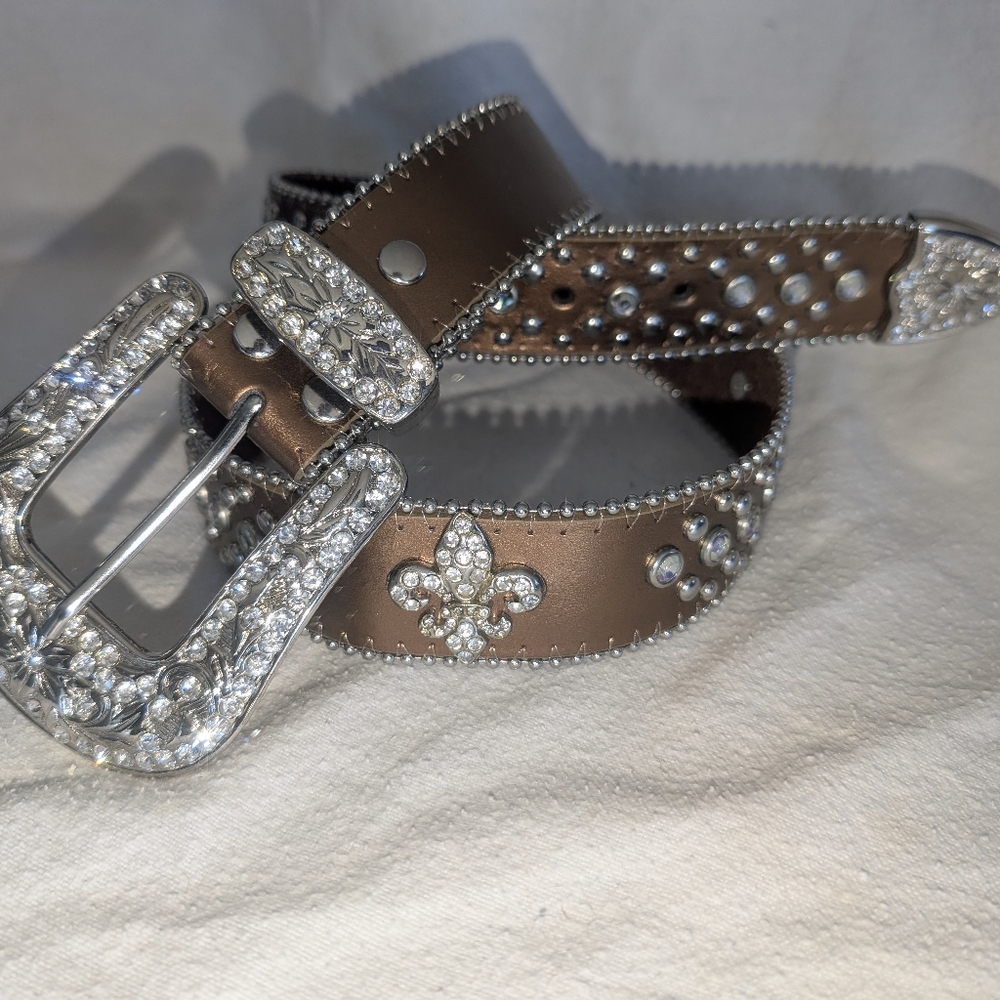 Silver and Brown Studded bling Fleur Du Lis Women's Belt Western Size 34in